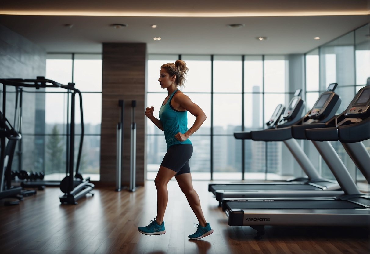 A person running on a treadmill with a water bottle and towel nearby, surrounded by gym equipment and motivational posters