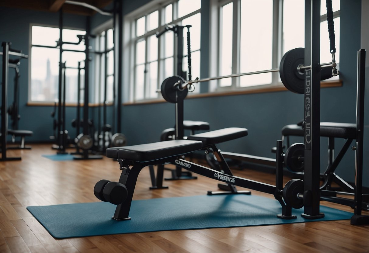 A weight bench with dumbbells, a resistance band, and a workout mat on the floor. A poster on the wall showing different chest exercises