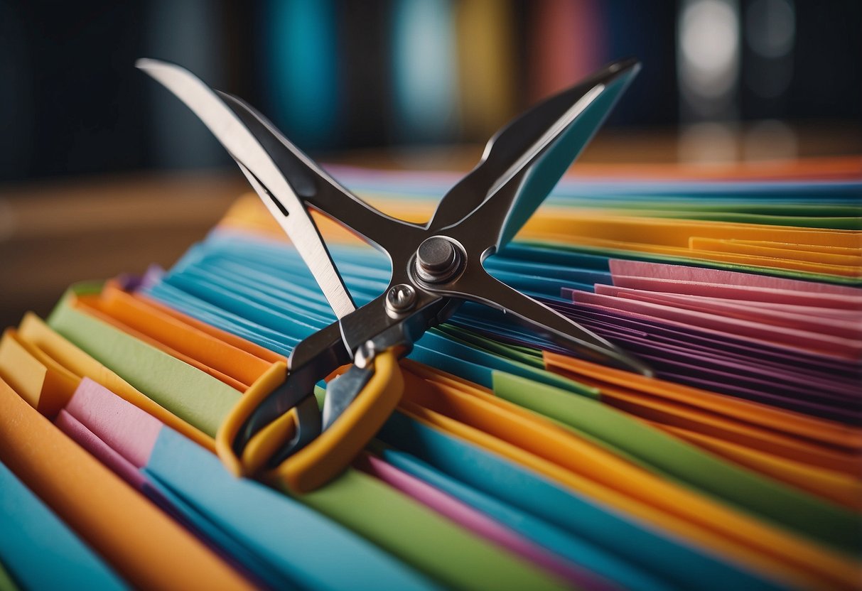A pair of scissors slices through a stack of colorful paper strips in a precise and controlled manner, creating a dynamic and visually engaging image