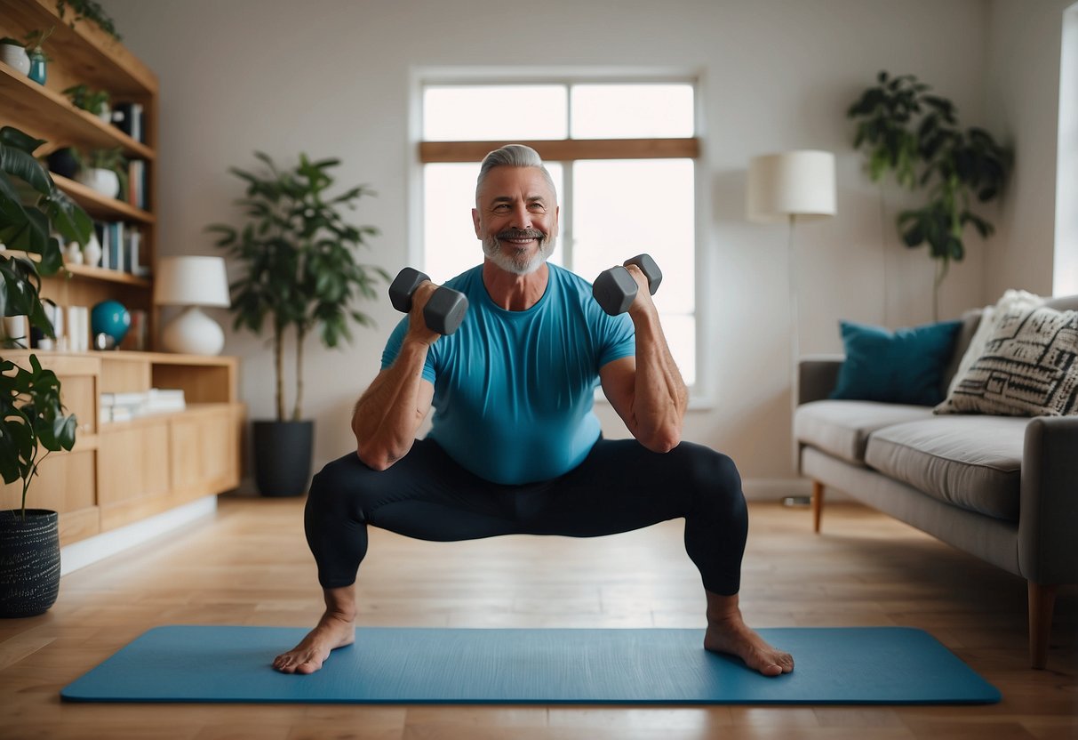 A father demonstrates workout tips with dumbbells and a yoga mat in a bright, spacious living room