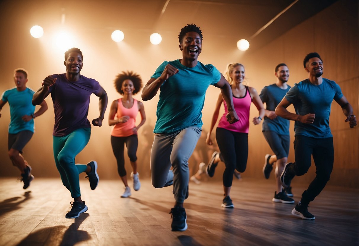 A group of people moving energetically to music, following a dance instructor's lead. Bright, dynamic colors and varied movements convey the excitement and energy of the workout