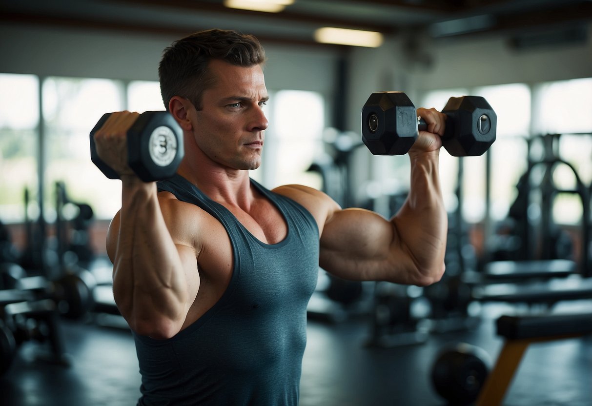 A person performing deltoid exercises with dumbbells, demonstrating proper form and technique