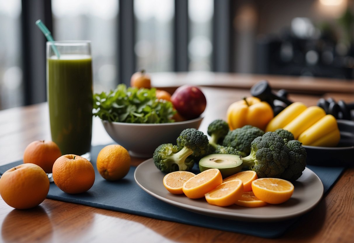 A table with healthy food and a workout area with dumbbells and a yoga mat