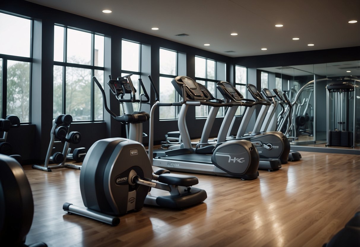A gym with a mix of cardio and weight equipment, clear signage for proper use, and a trainer assisting a beginner