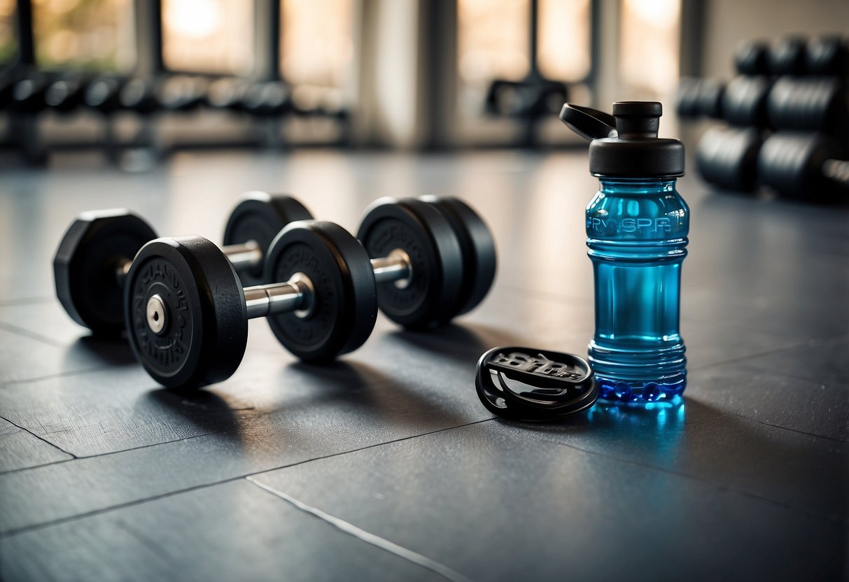 A set of dumbbells placed on a gym floor, with a workout mat and water bottle nearby. A poster on the wall shows proper form for various exercises