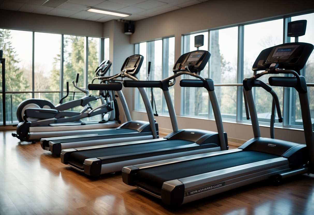 An elliptical machine with adjustable resistance, heart rate monitor, and water bottle holder in a well-lit gym setting