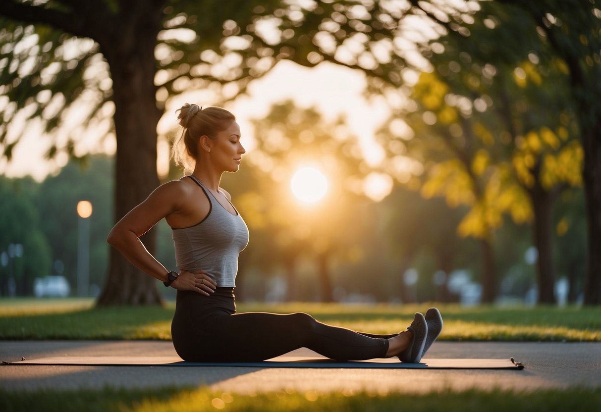 A person exercises in a quiet park at sunset, stretching and doing yoga poses. The warm glow of the setting sun creates a peaceful and serene atmosphere