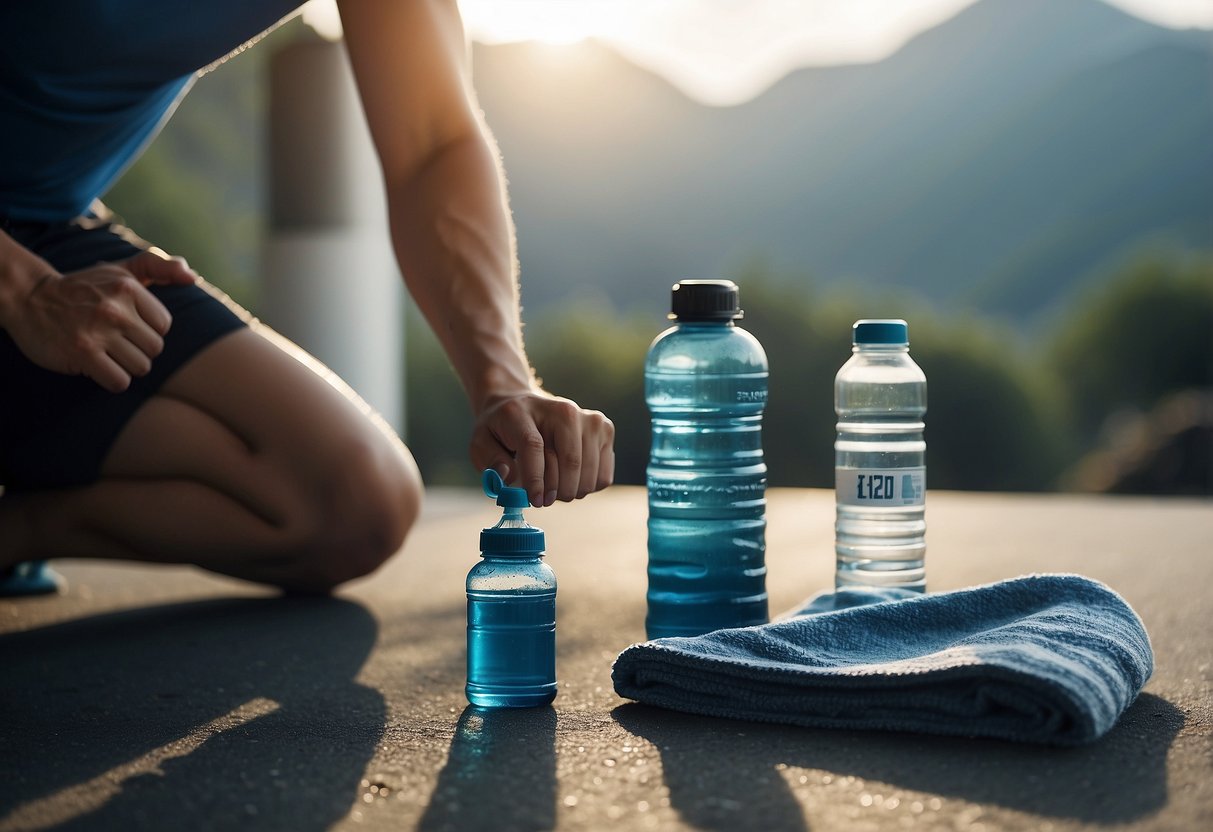 A person exercises vigorously, sweat dripping, with a stopwatch nearby, water bottle, and a towel