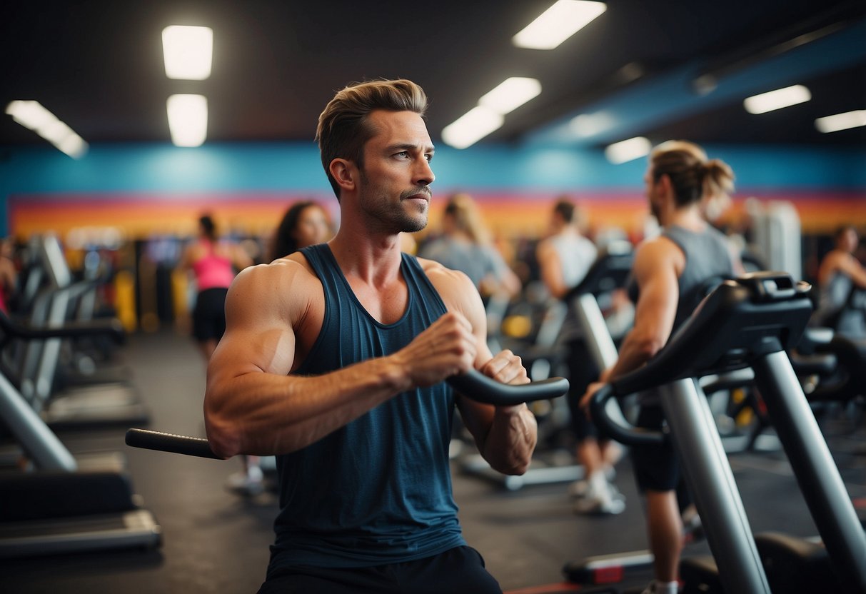 A colorful gym with lively music, vibrant workout equipment, and energetic people