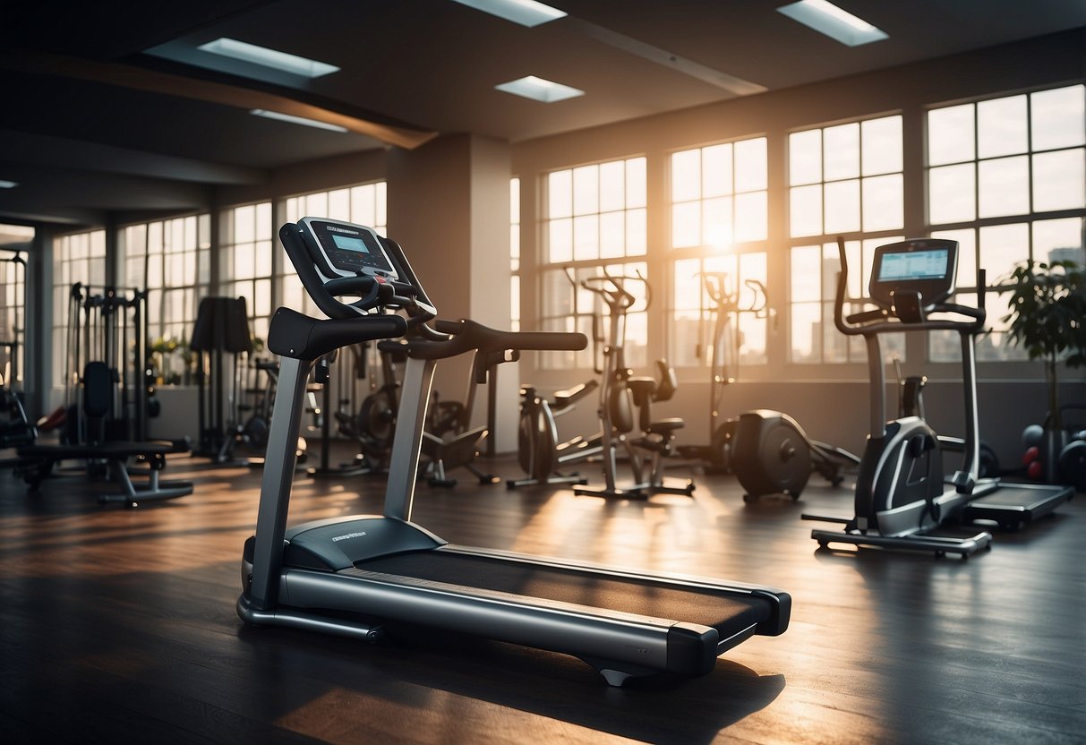 A glowing fitness scene with exercise equipment and motivational posters