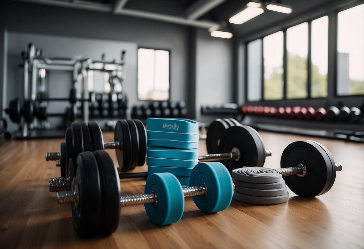 A set of gym equipment arranged neatly in a well-lit room, with dumbbells, resistance bands, and a yoga mat. A sign on the wall displays workout tips for different exercises