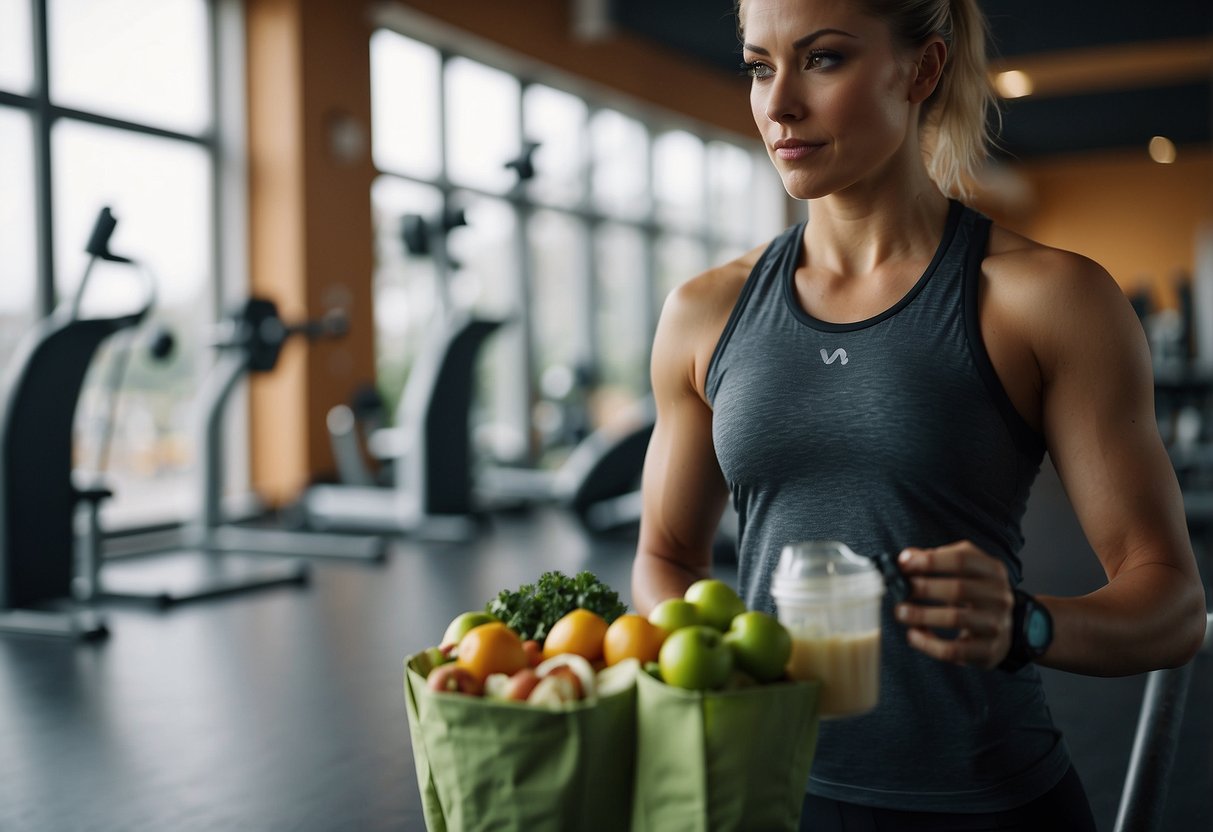 A person follows a vegan diet while working out in a gym, focusing on cardio and strength training. They drink water and eat plant-based snacks