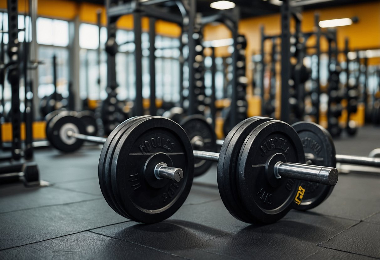 A weightlifting barbell on a rack, surrounded by various dumbbells and kettlebells. A bench press and squat rack are in the background