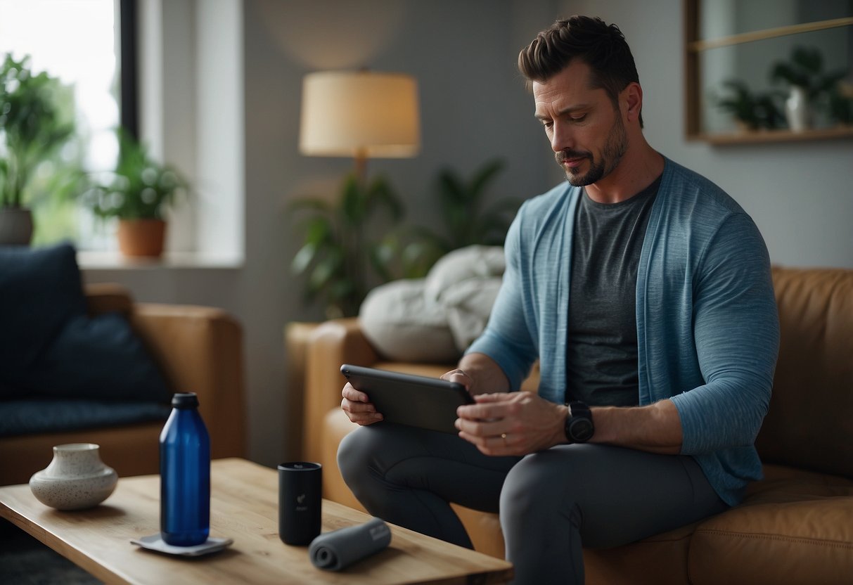A man in workout clothes follows a video on his tablet, using household items as weights in a living room with a yoga mat and exercise equipment