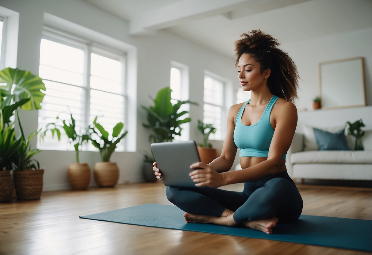 A woman in workout attire follows a video on her tablet, doing yoga poses in a bright, airy living room with plants and exercise equipment