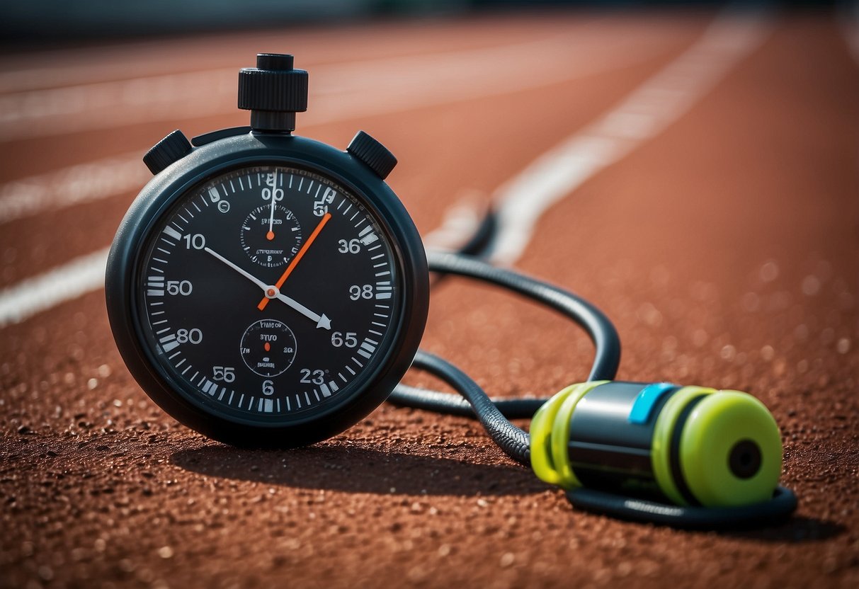 A stopwatch sits on a track, with markers for sprint and recovery intervals. A water bottle and towel are nearby