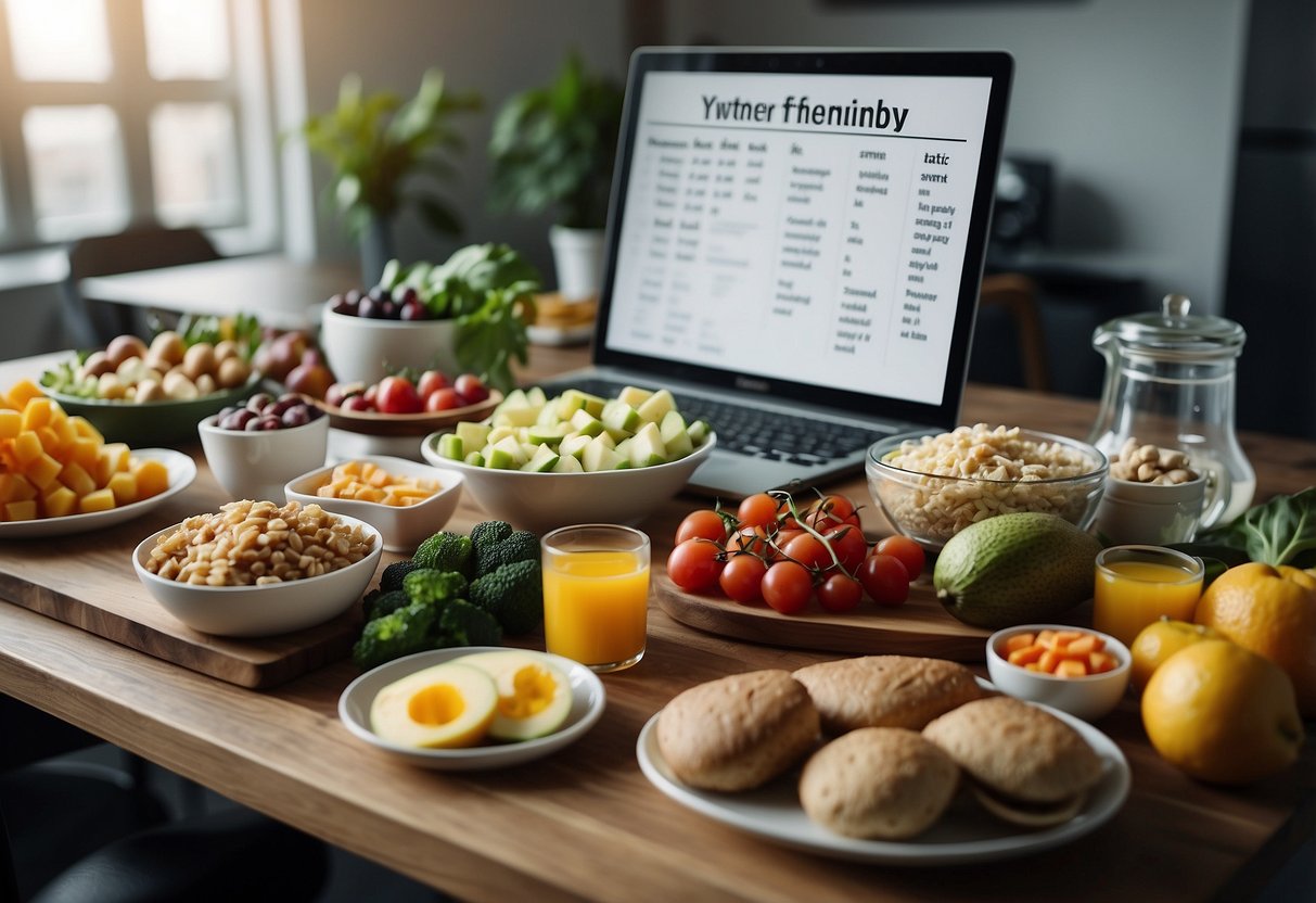 A table with keto-friendly foods and a workout plan on a whiteboard