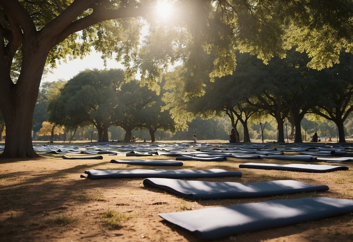 A serene park with scattered yoga mats, water bottles, and a gentle breeze. A few people stretch and meditate under the shade of trees