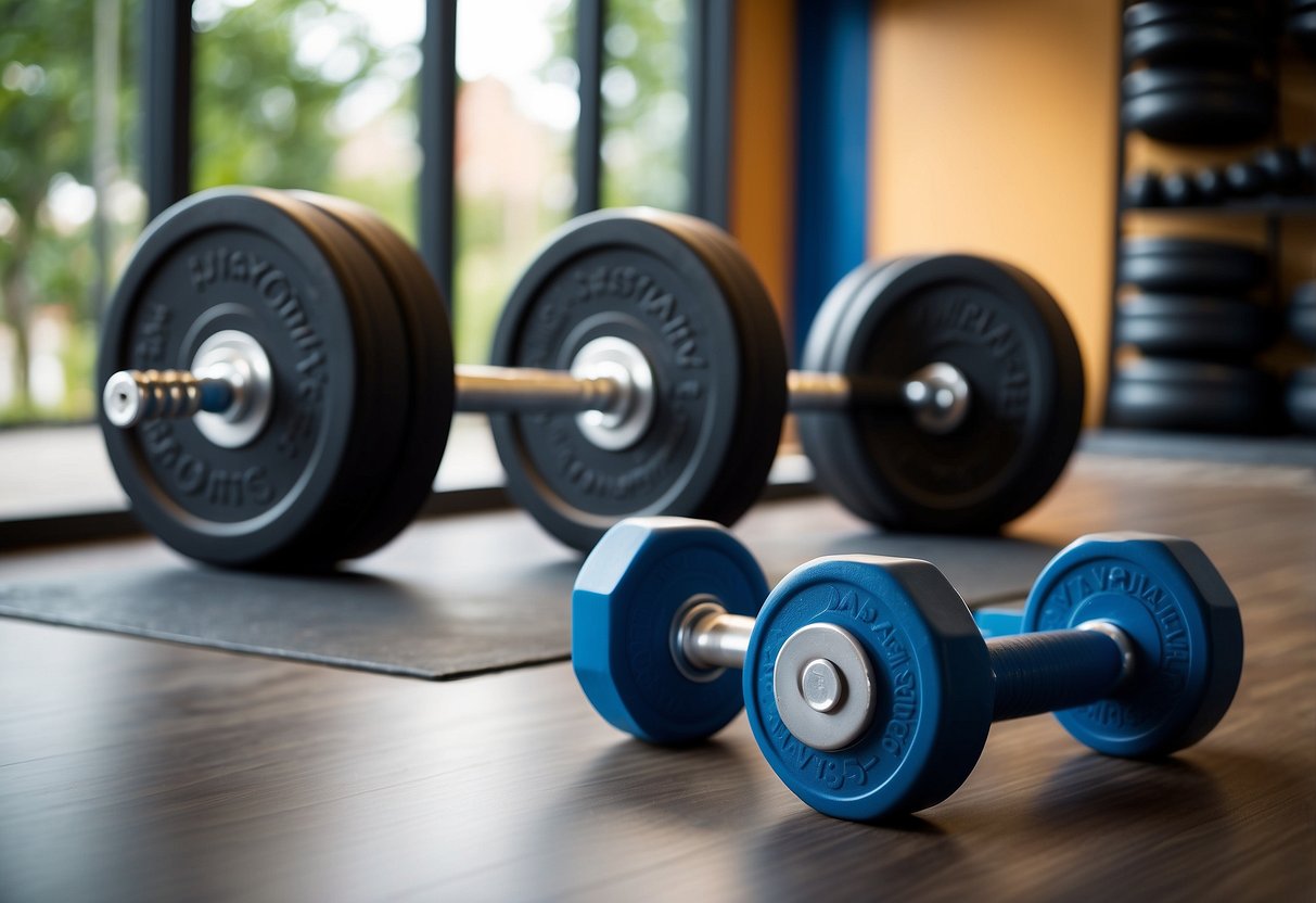 A pair of heavy dumbbells on the floor next to a weight bench with a barbell loaded with weights. A resistance band and a water bottle are also on the floor