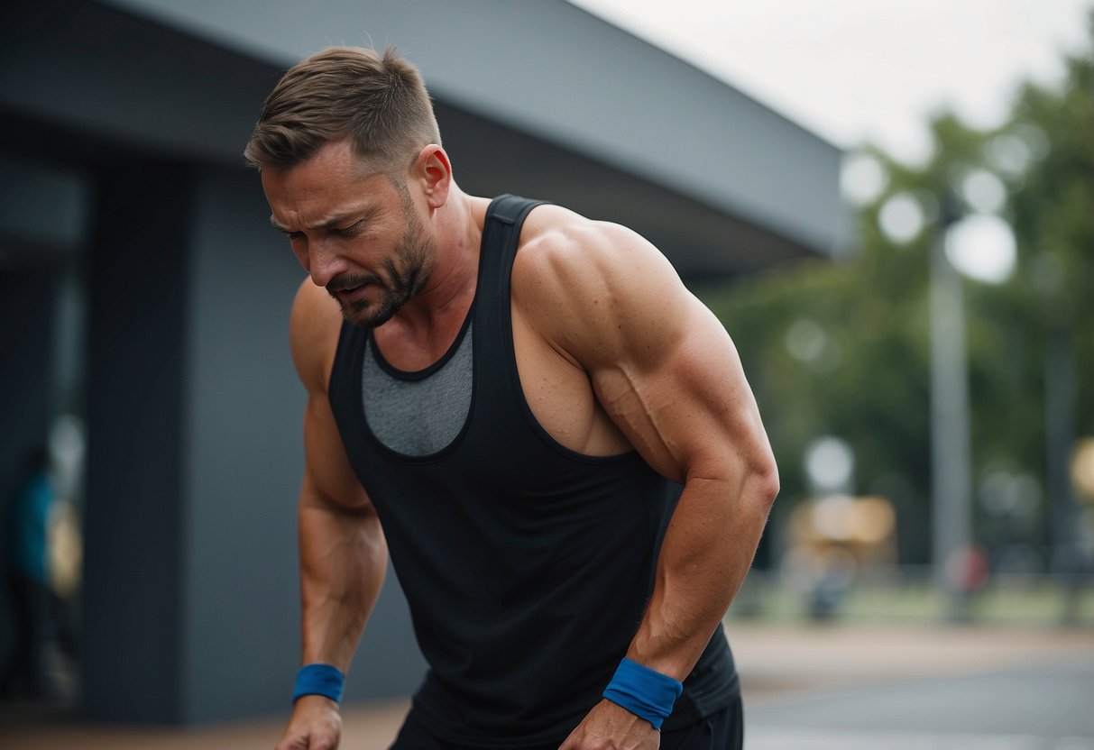 A person grimaces in pain, clutching their lower back after a strenuous leg workout. Sweat drips down their face as they struggle to stand upright