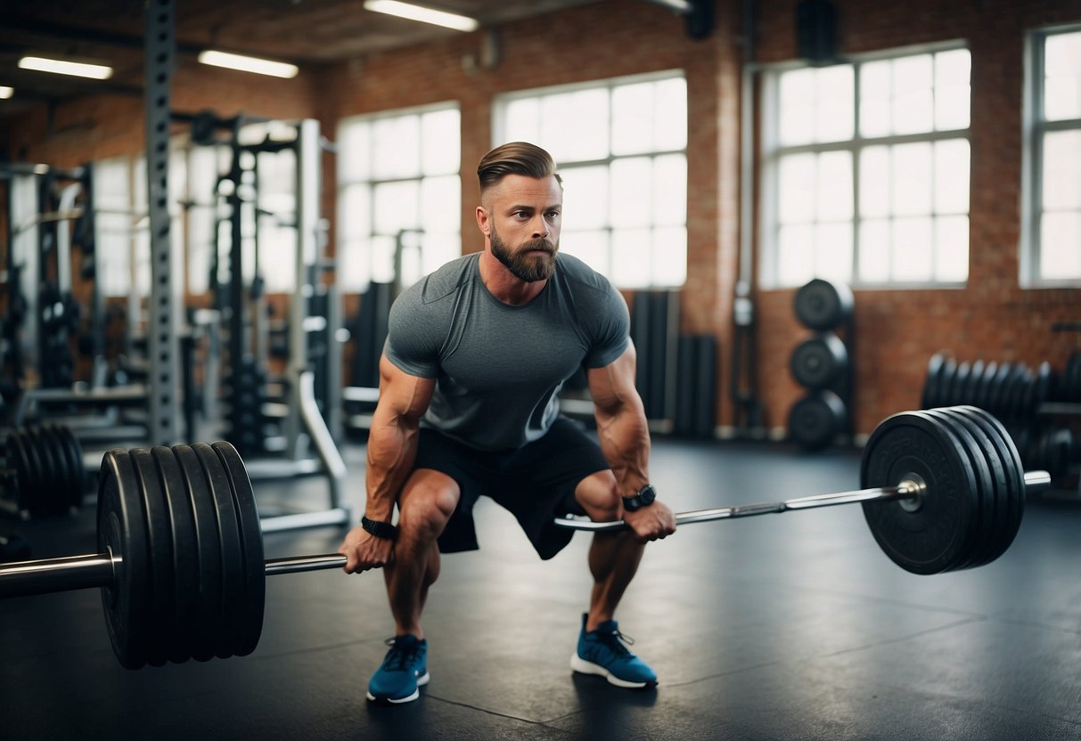 Men lifting weights in a gym, with a focus on proper form and technique. Equipment such as dumbbells, barbells, and resistance bands are being used