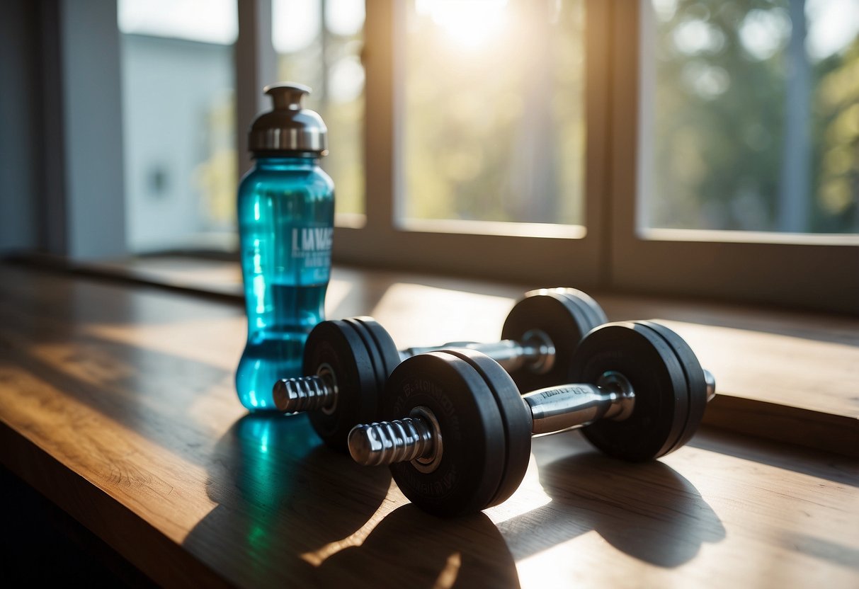 A set of dumbbells, a yoga mat, and a water bottle on the floor next to an open window with sunlight streaming in