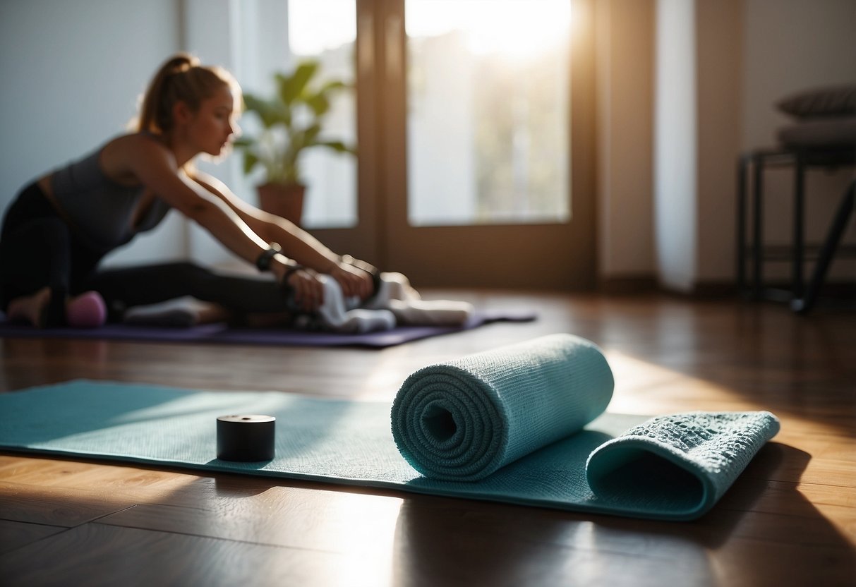 A person stretches on a yoga mat with a water bottle and towel nearby, surrounded by workout equipment and natural light streaming in