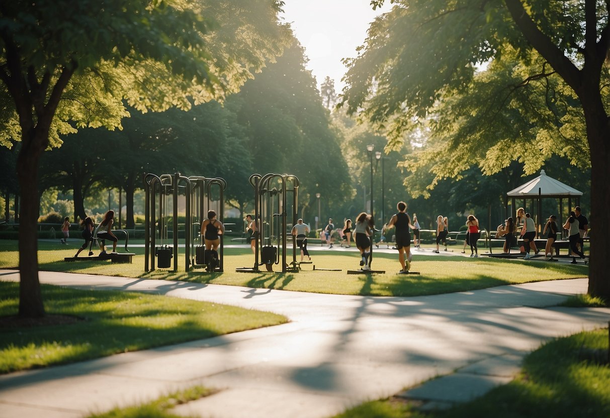 A sunny park with a variety of exercise stations, surrounded by lush greenery and people of all ages working out