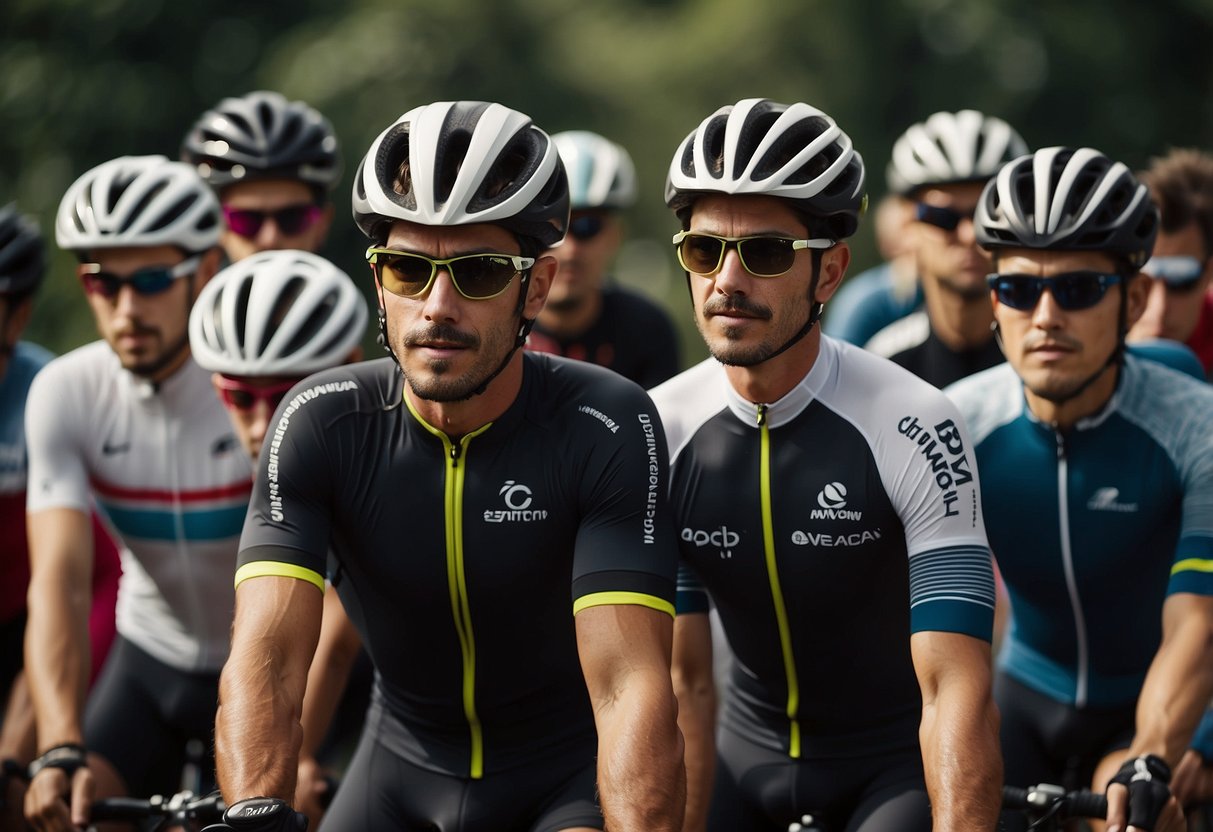 A group of cyclists in a studio, following a trainer's instructions. Bikes are positioned closely together, with riders focused and determined