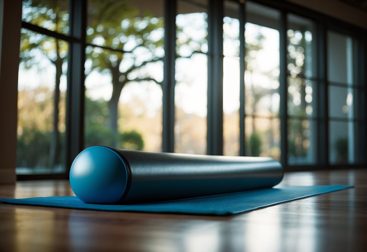 A pilates mat with a resistance band, stability ball, and foam roller. A mirror reflects the equipment, and a window lets in natural light