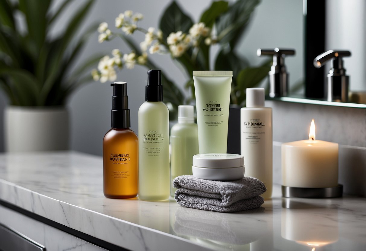 A bathroom counter with skincare products: cleanser, toner, moisturizer, and sunscreen. A towel and water bottle nearby