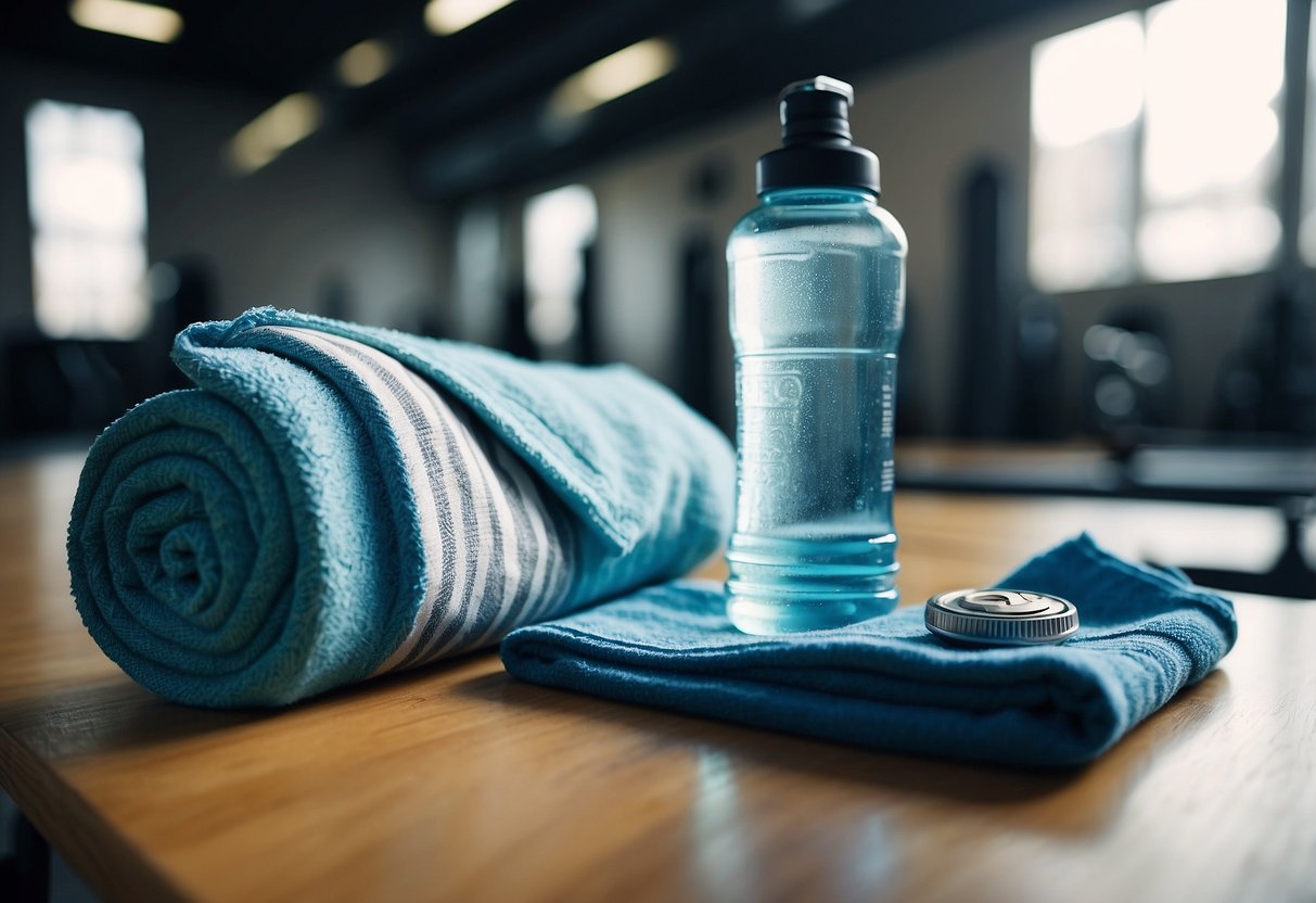 A water bottle, towel, and protein bar on a gym bench. Sweat drops on the floor. An open gym bag with clean clothes