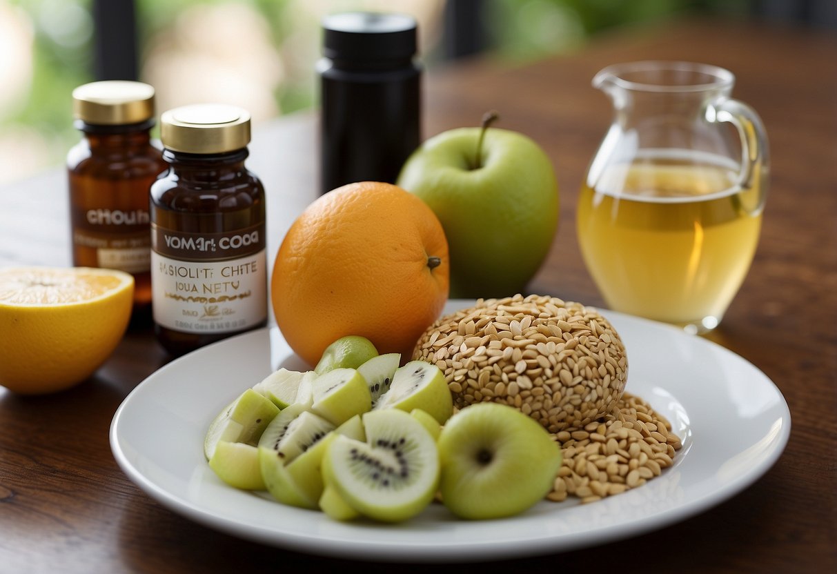 A table set with a balanced meal of lean protein, complex carbs, and healthy fats, alongside a bottle of water and a piece of fruit