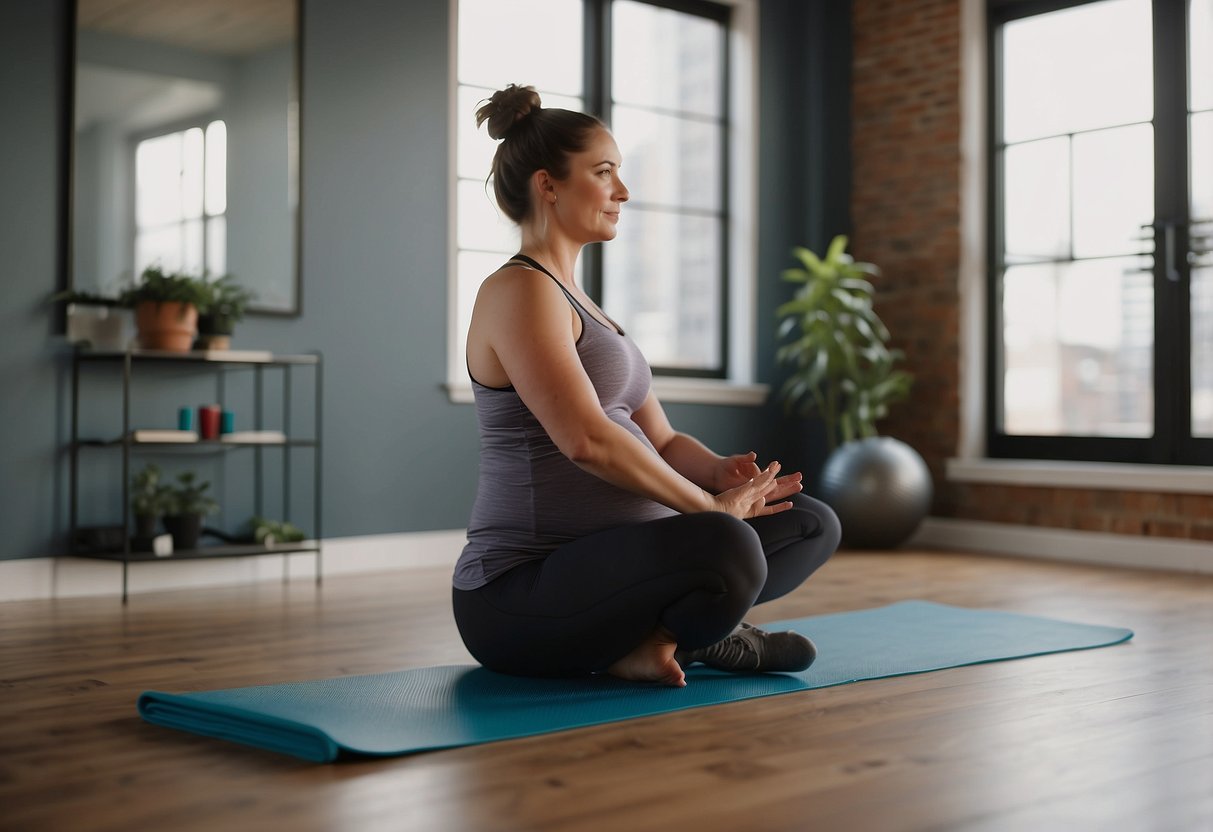 A pregnant woman in workout clothes follows a prenatal exercise video, using a yoga mat and resistance bands in a well-lit room