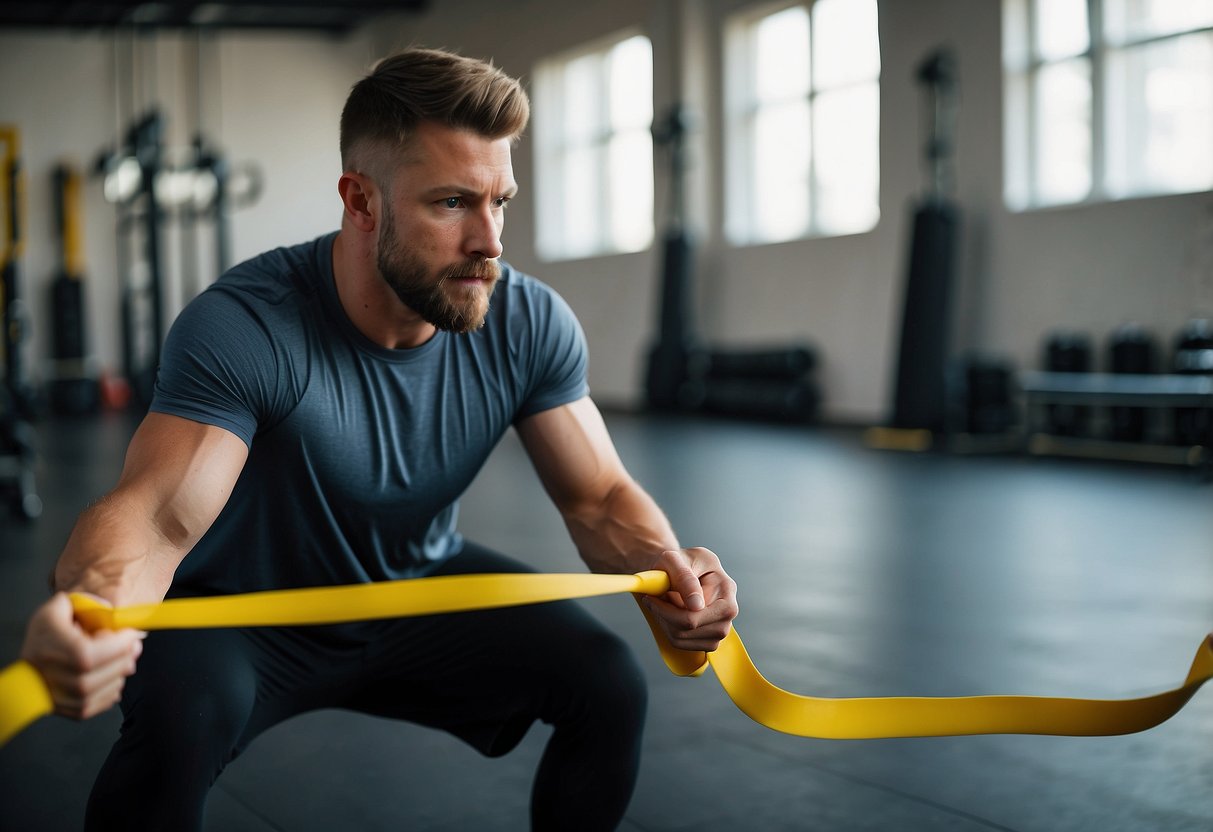 A person using resistance bands for pull workouts, with a strong grip and engaged back muscles