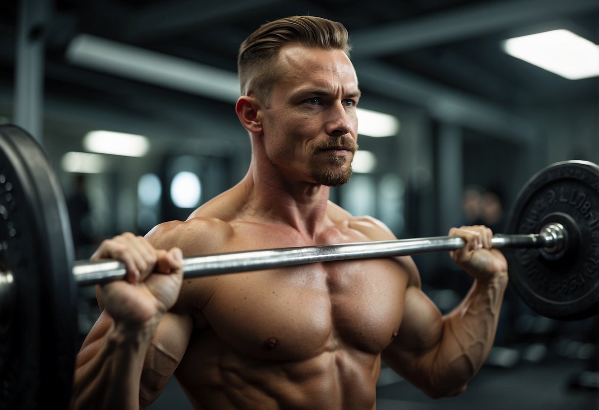 A person lifting weights with proper form, using a barbell or dumbbells, with a focus on engaging the chest, shoulders, and triceps muscles