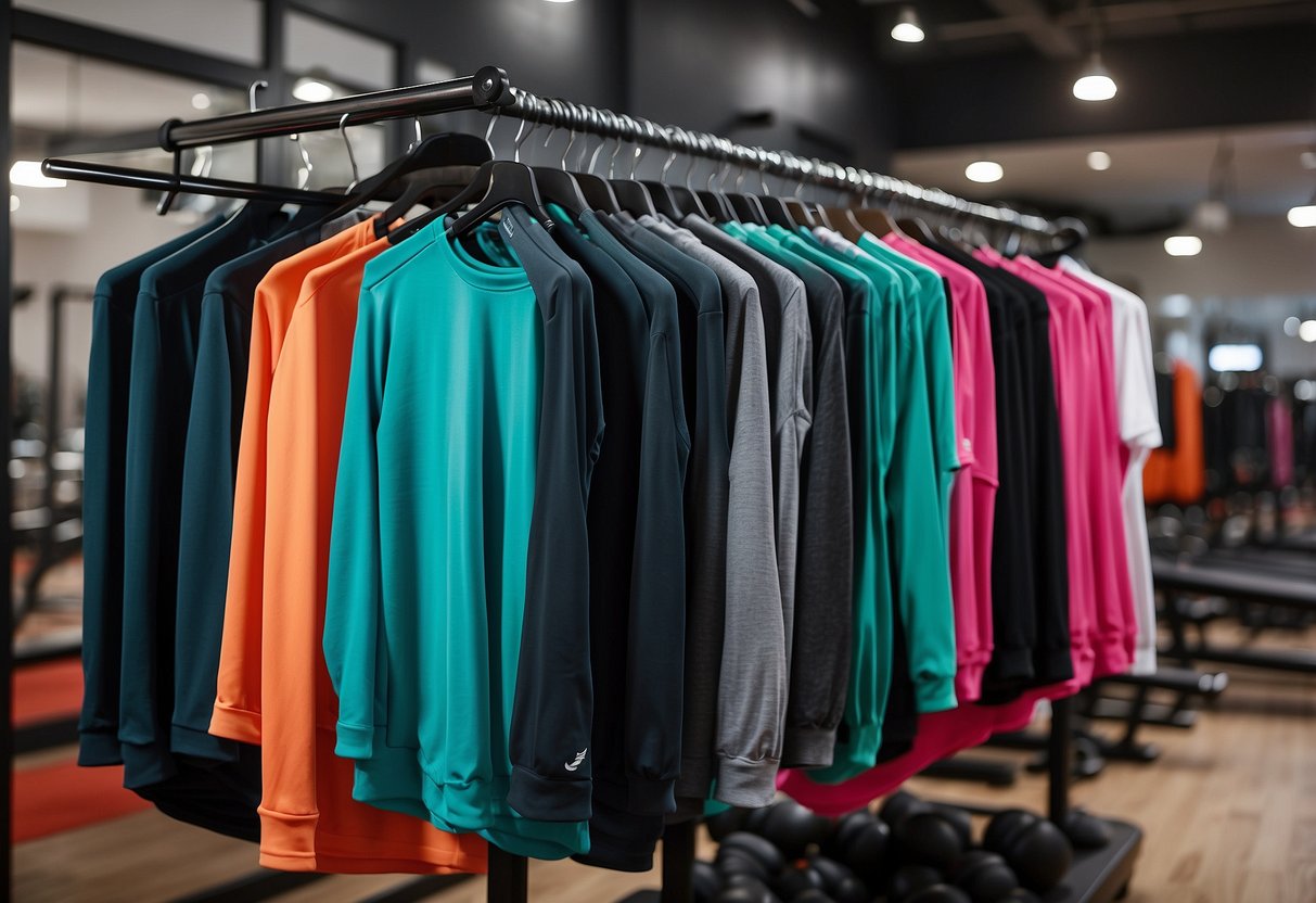 A neatly organized display of high-quality workout apparel, including moisture-wicking fabrics and ergonomic designs, with emphasis on functionality and style
