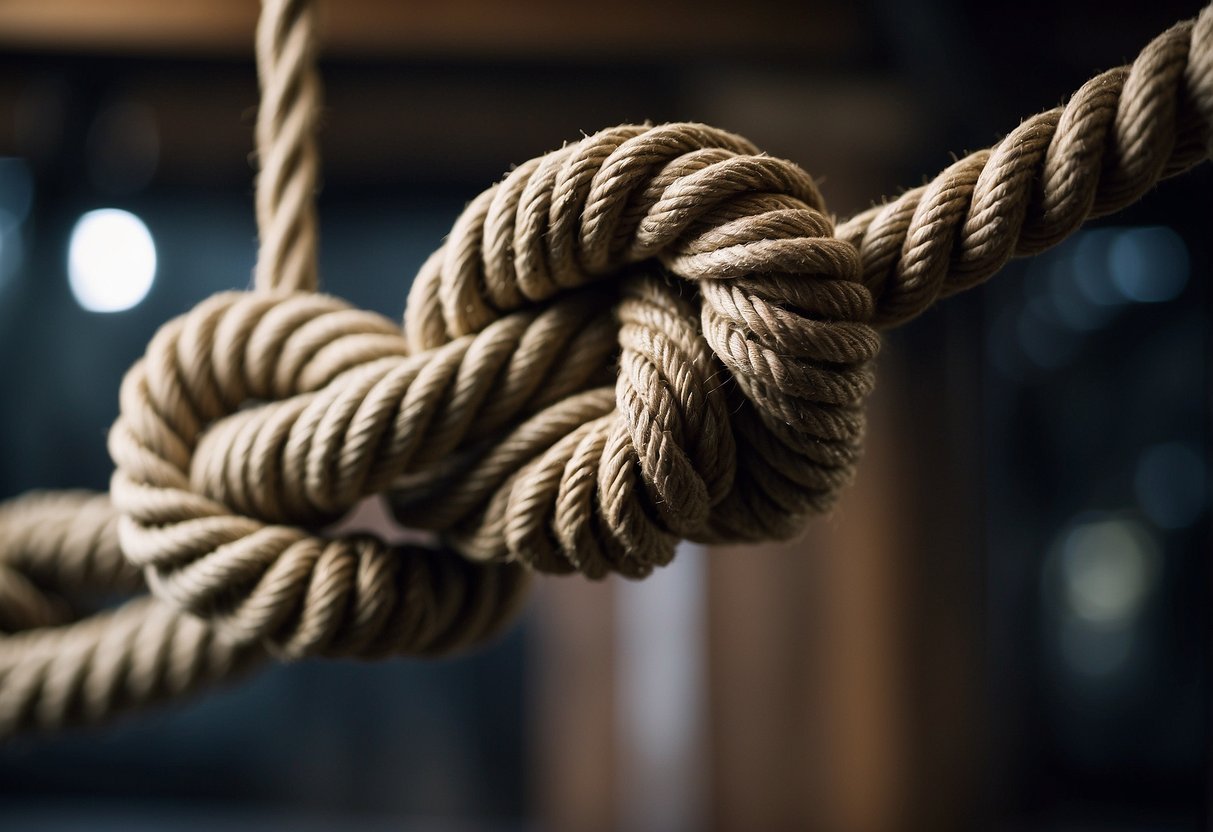 A coiled rope hangs from a sturdy beam, with knots and loops demonstrating various workout techniques