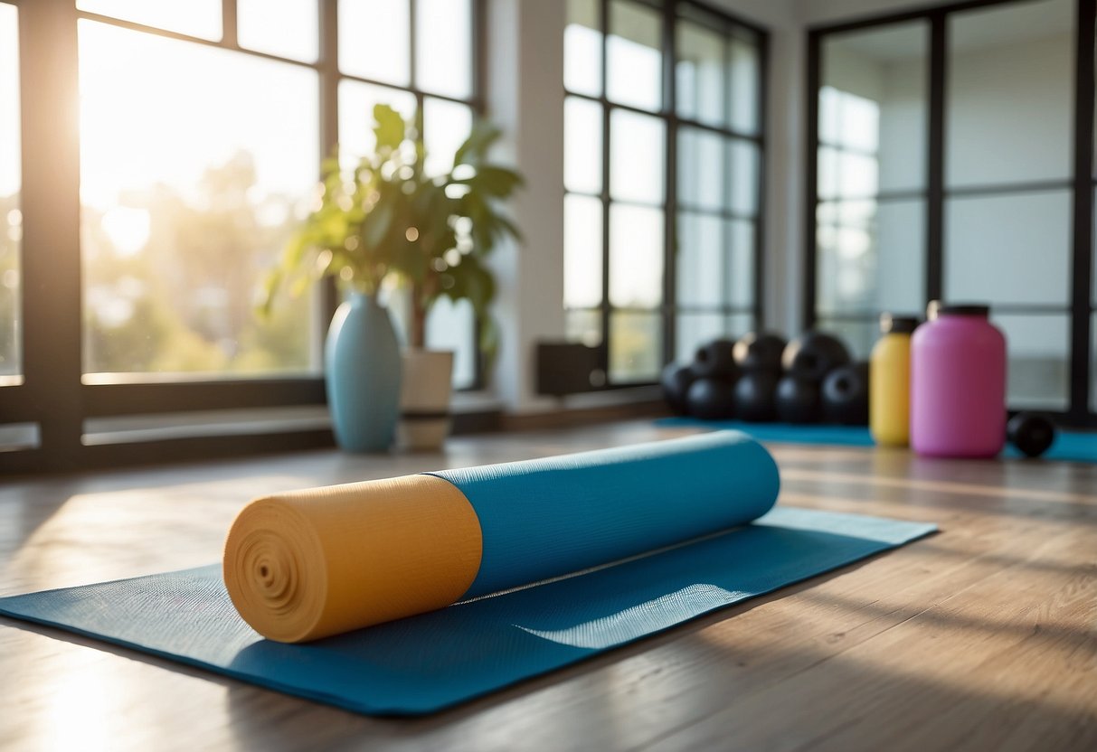 A brightly lit room with a yoga mat, dumbbells, and a water bottle. A large window lets in natural light, creating a peaceful and inviting atmosphere