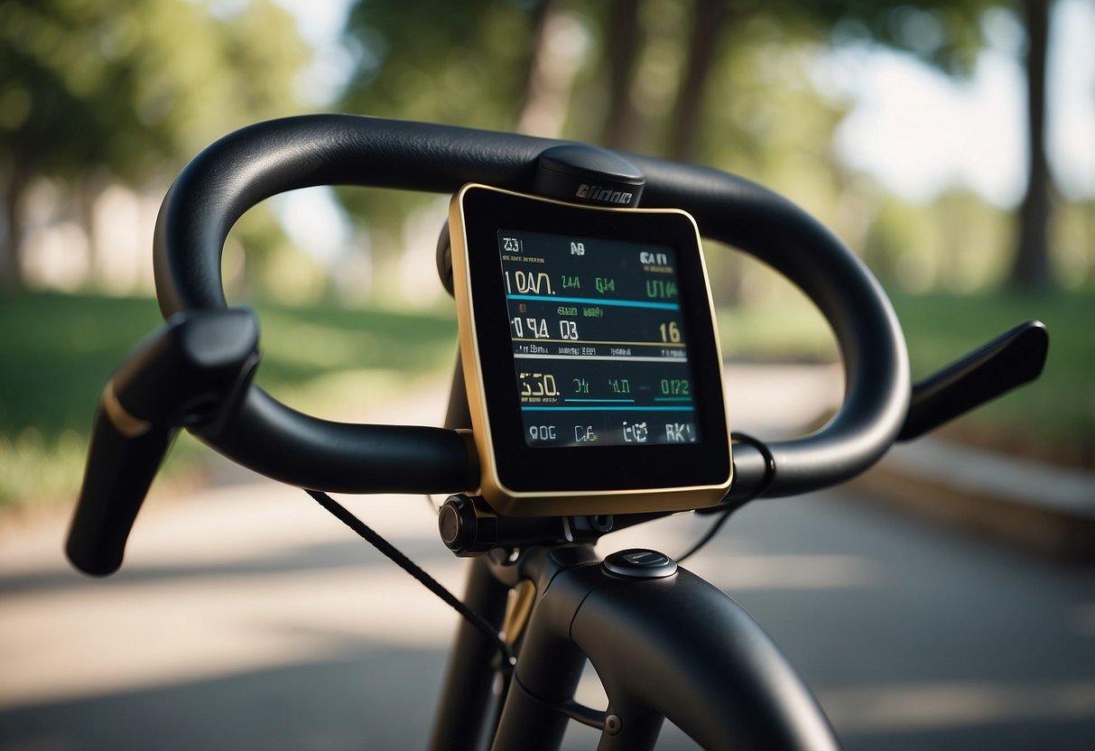 A stationary bike with adjustable seat and handlebars, water bottle holder, and digital display showing time, distance, and resistance level