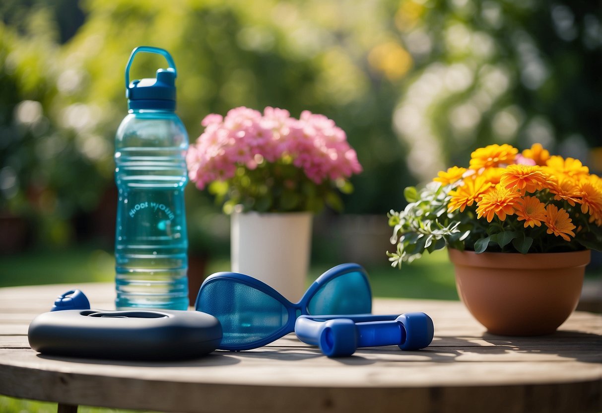 A bright, sunny outdoor setting with exercise equipment and a water bottle, surrounded by lush greenery and vibrant flowers