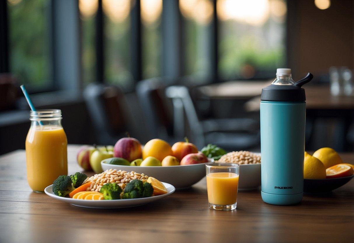 A table with a variety of healthy post-workout foods such as fruits, vegetables, lean proteins, and whole grains. A water bottle and protein shake are also present