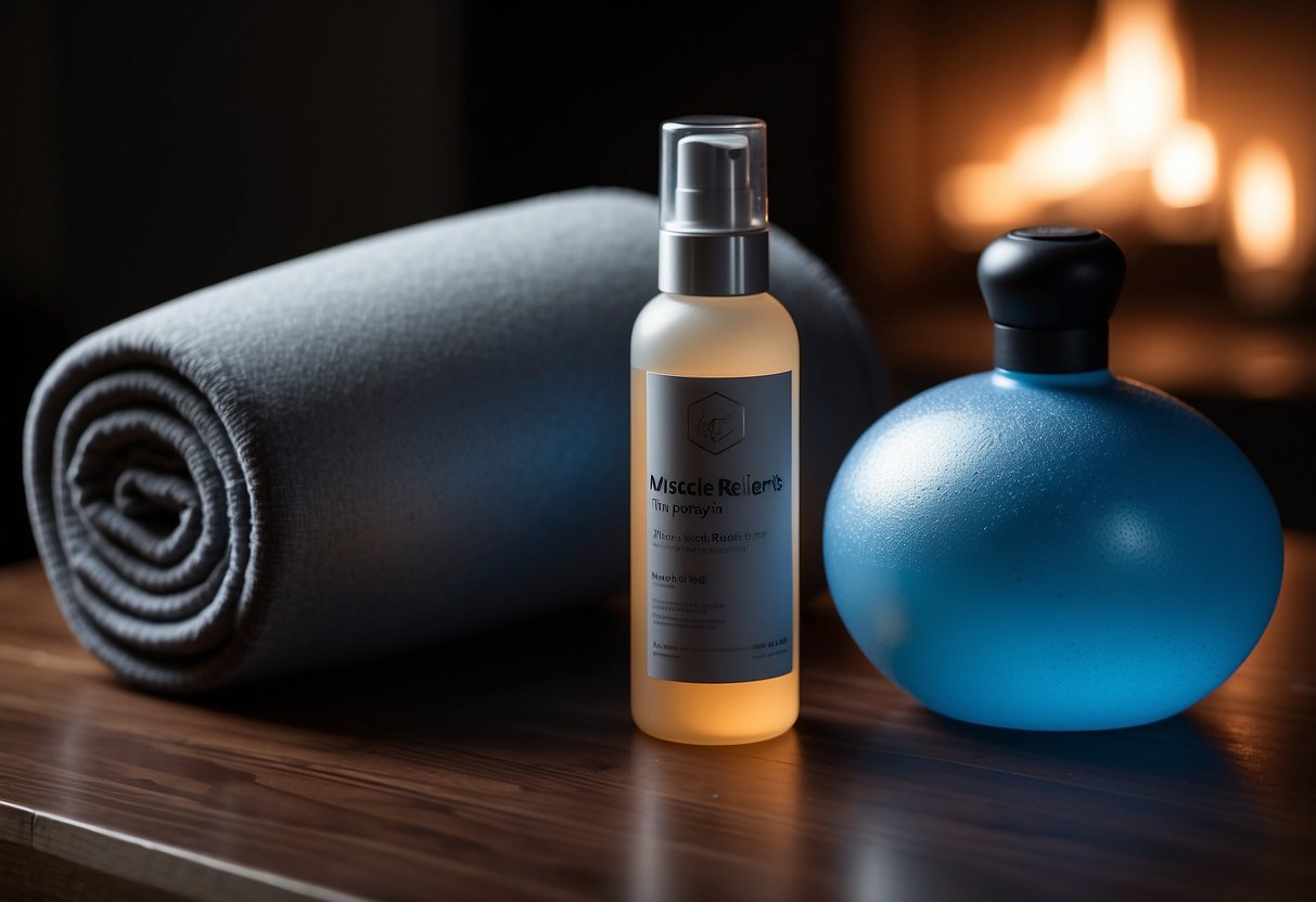A bottle of muscle relief gel sits on a table next to a foam roller and a heating pad. The room is dimly lit, creating a cozy and relaxing atmosphere