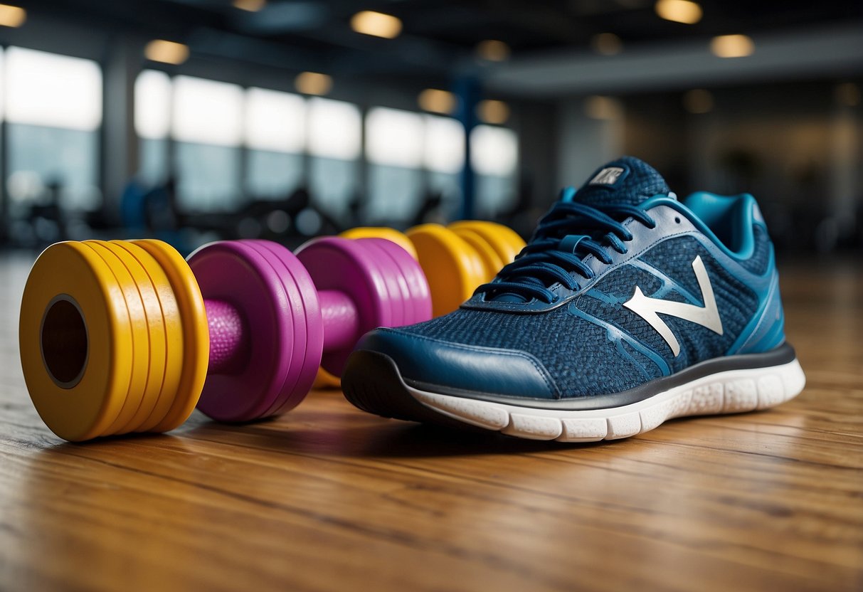 A pair of sneakers, a yoga mat, and a water bottle laid out on the floor next to a set of dumbbells and resistance bands