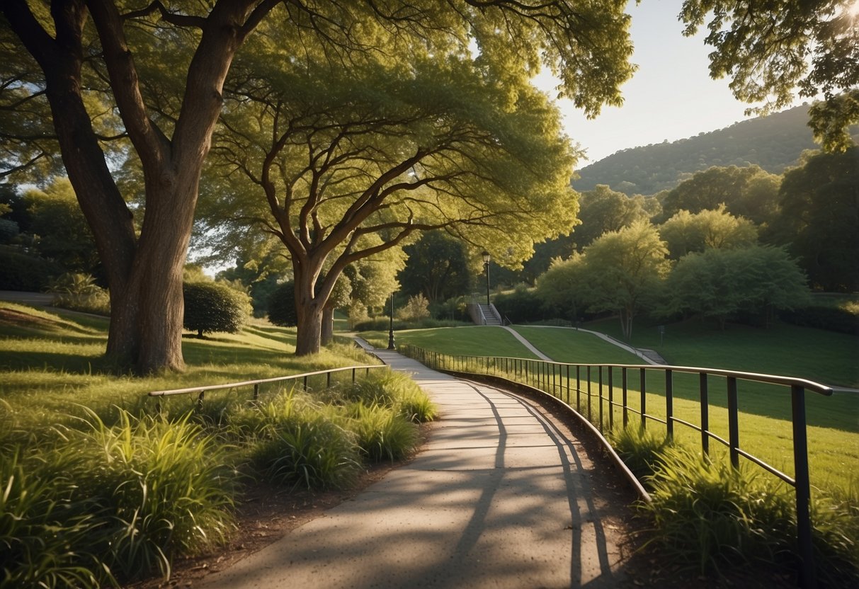 A path winds through a lush park, with hills and stairs for added challenge. Trees provide shade, and benches offer rest. A map shows distances and routes