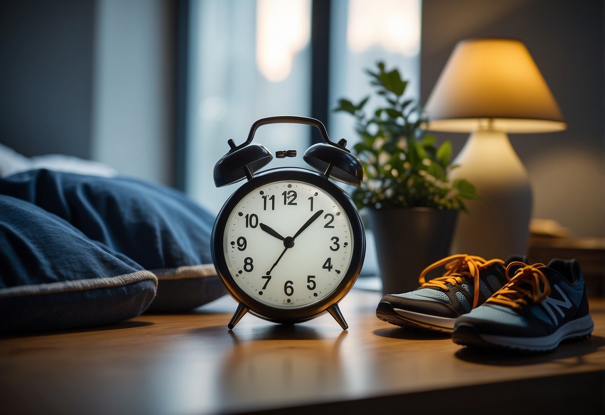 A bright alarm clock sits on a bedside table, showing 5:00 AM. A pair of running shoes is placed neatly next to it, ready for a morning workout