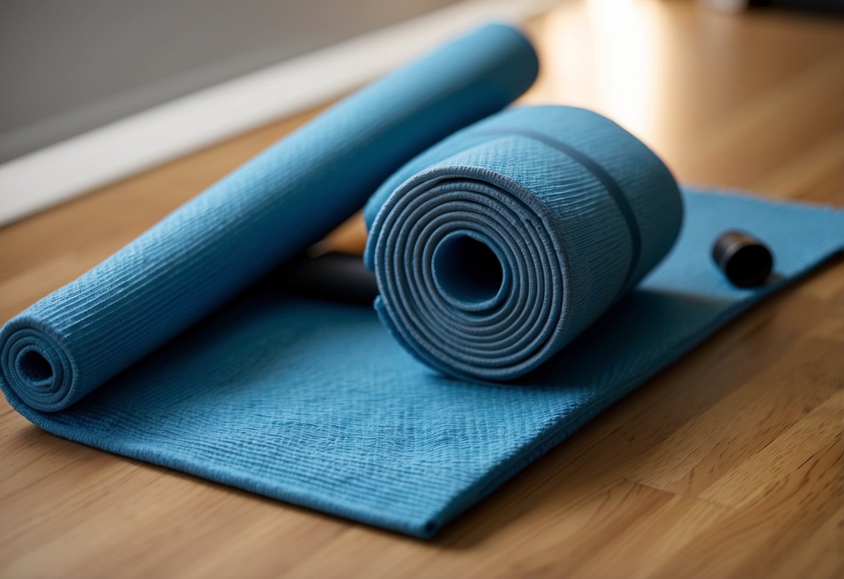 A yoga mat on the floor, with a foam roller and resistance bands nearby. A water bottle and towel sit on the side