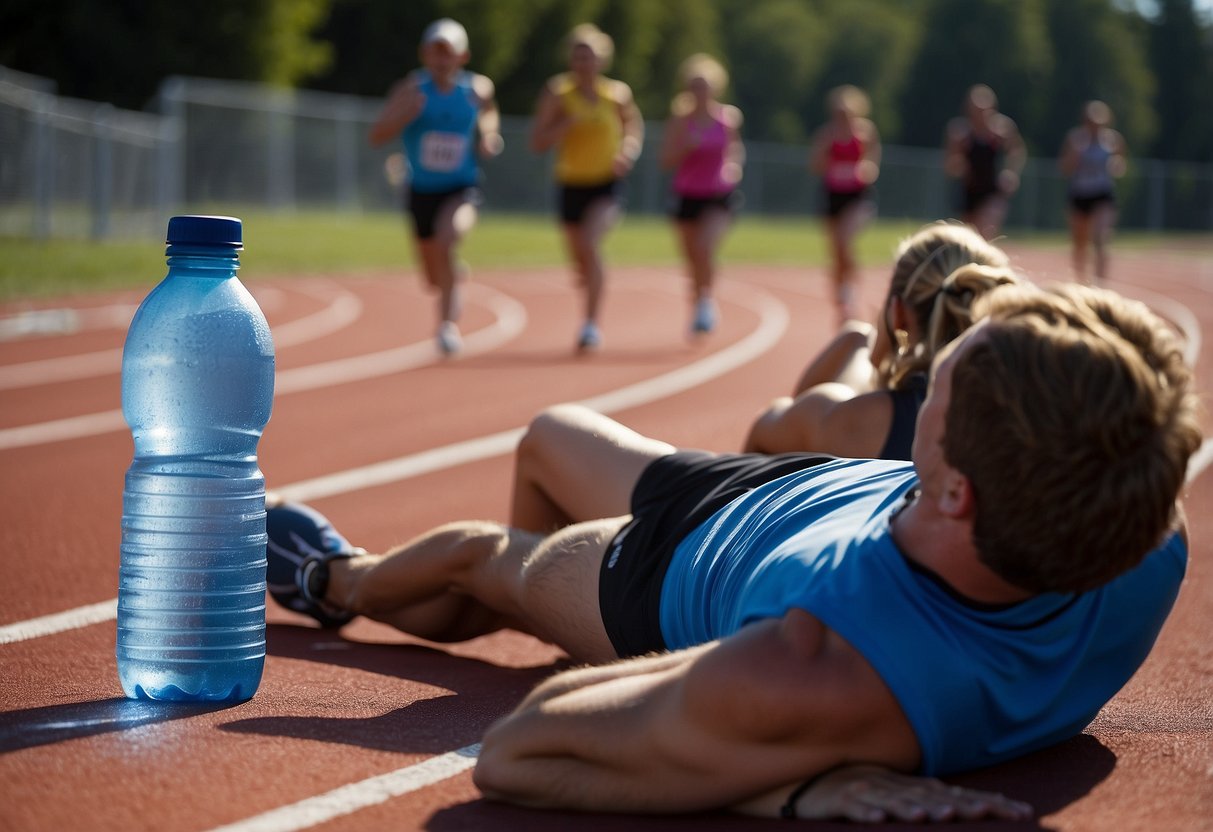Runners on a track, stretching and warming up. Coach giving tips. Stopwatch and water bottles nearby. Sunny day, clear blue sky