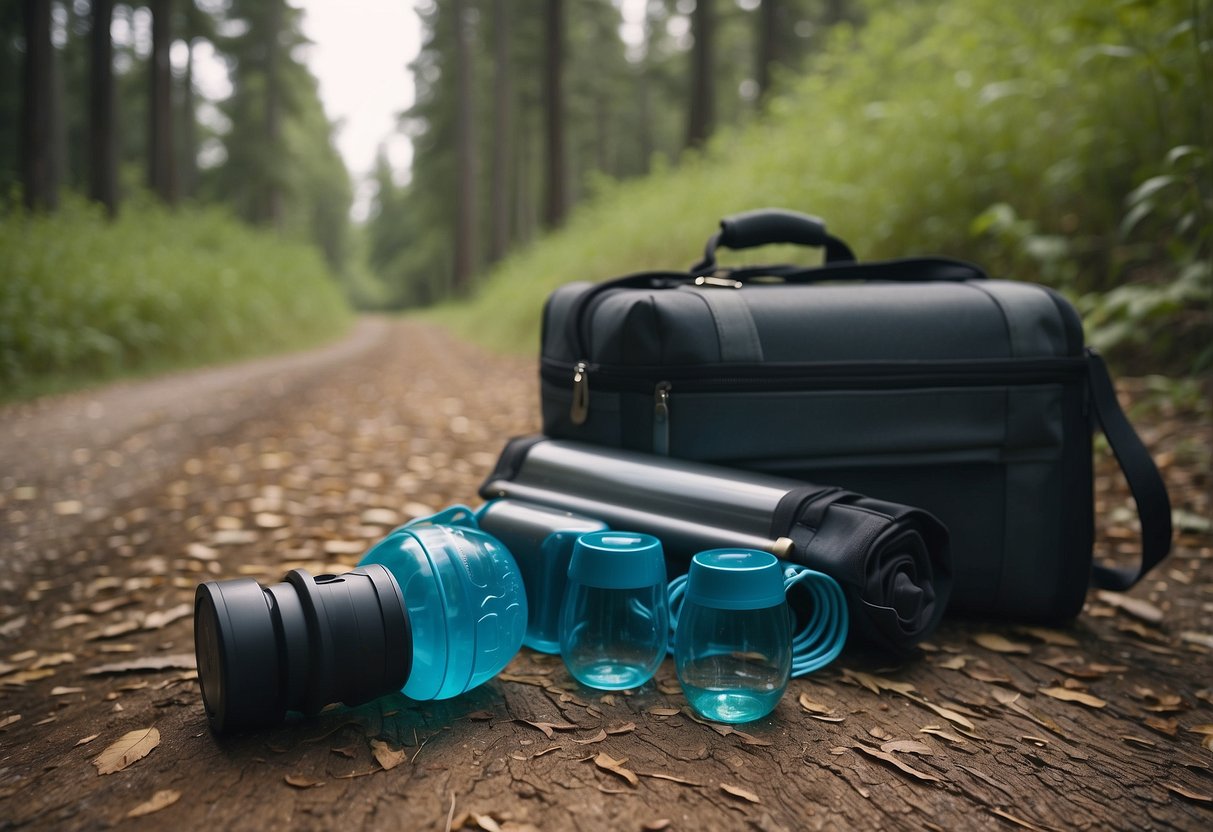 A suitcase open with workout clothes spilling out, a resistance band, and a water bottle on a scenic outdoor trail