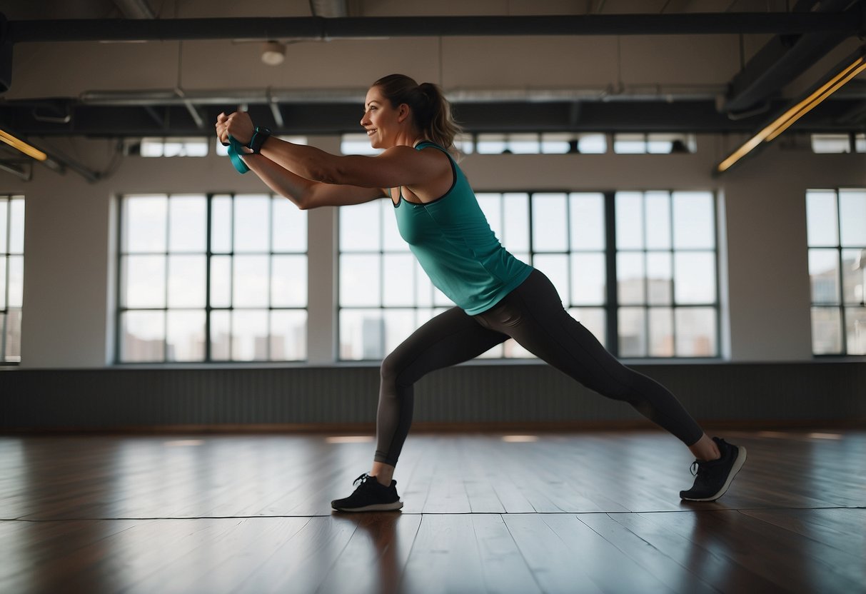 A person using a resistance band to perform a standing oblique crunch